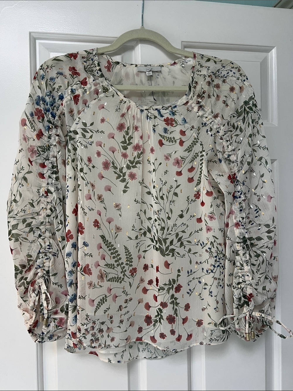 Joie Cream Floral Ruffle-Sleeve Blouse